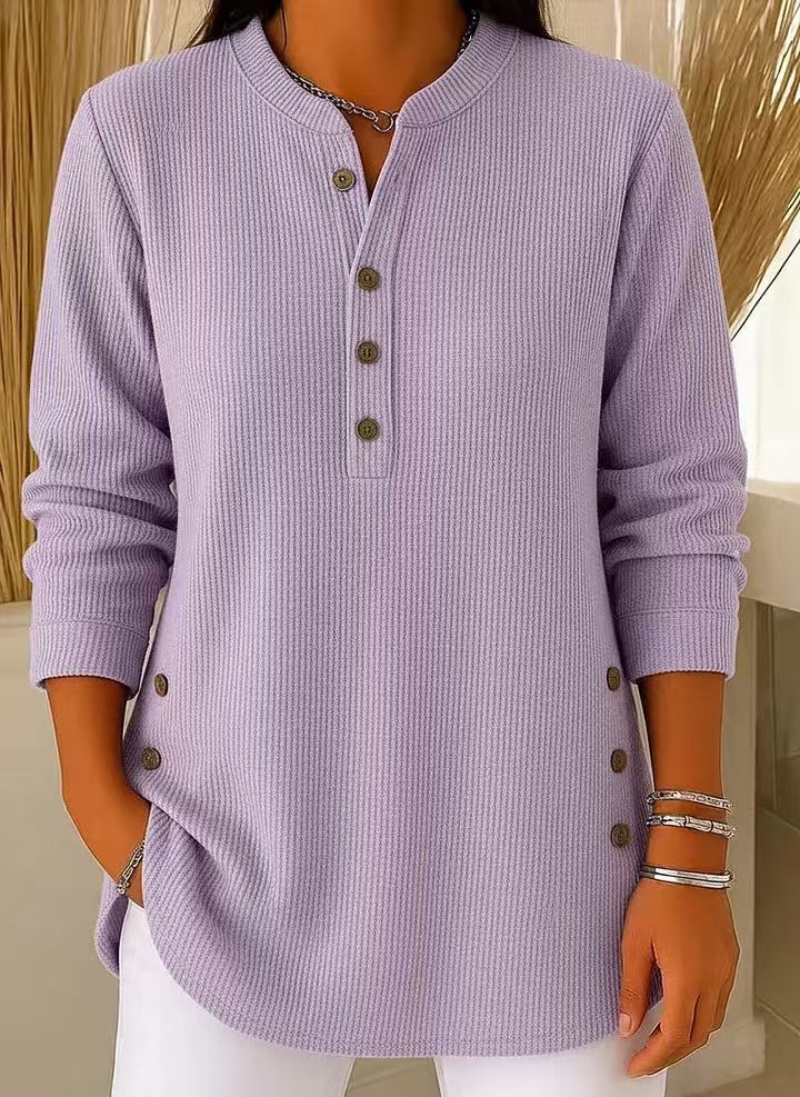Ribbed Tunic Top with Henley Neckline and Side Button Detail for Women