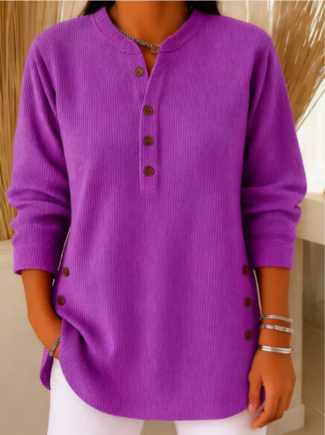 Ribbed Tunic Top with Henley Neckline and Side Button Detail for Women