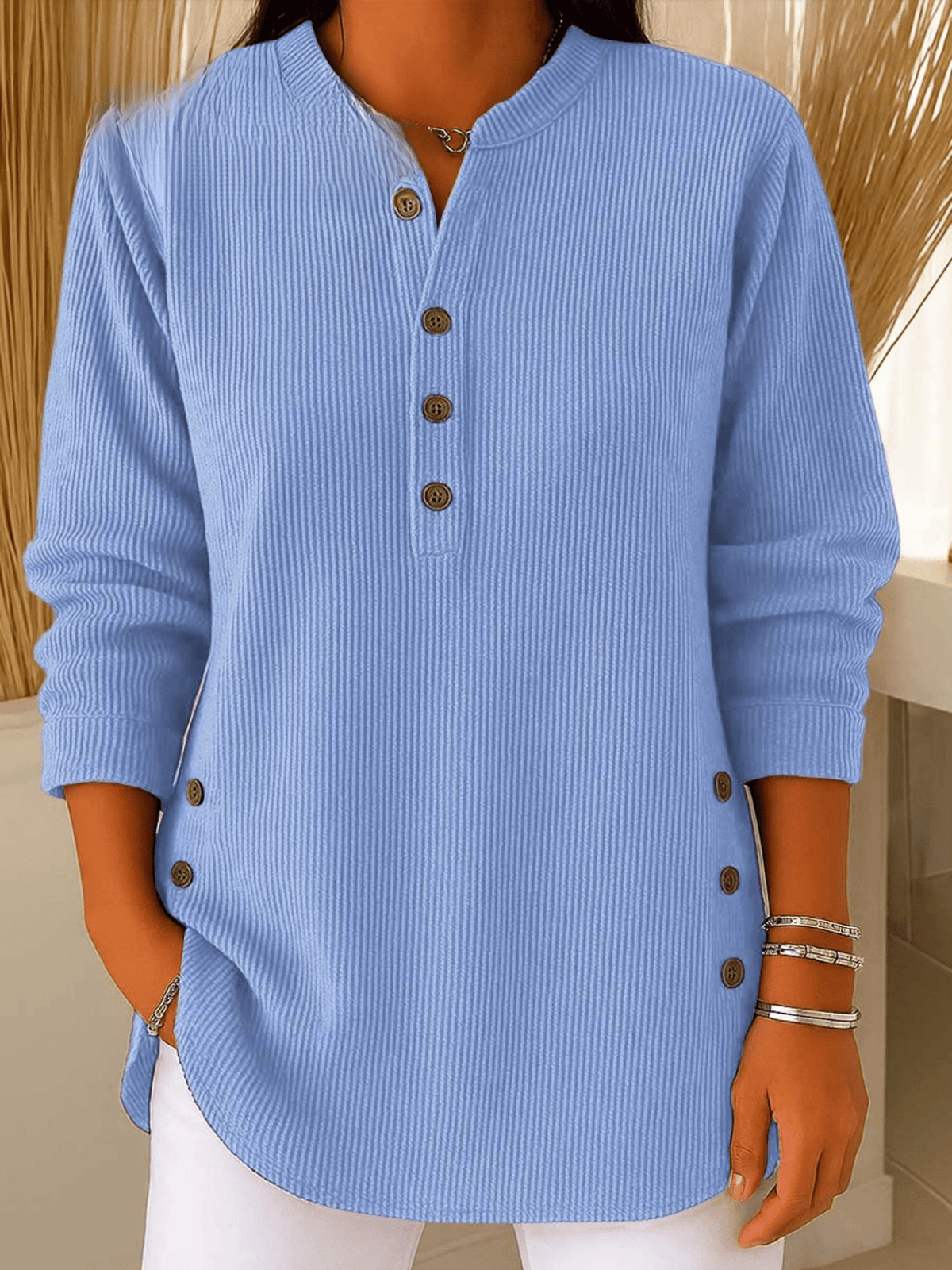Ribbed Tunic Top with Henley Neckline and Side Button Detail for Women