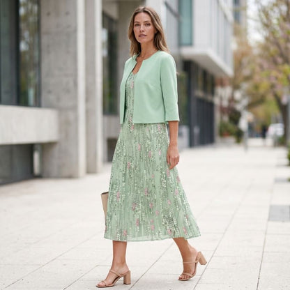 Two-piece midi dress with trendy and elegant floral pattern
