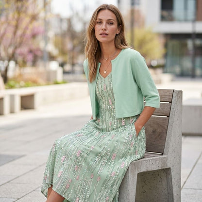 Two-piece midi dress with trendy and elegant floral pattern