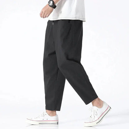 Cropped Tapered Pants with Elastic Waist and Relaxed Fit for Men