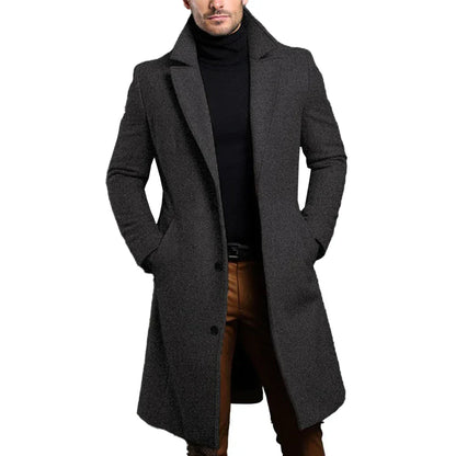 Longline Overcoat with Notch Lapels and Single Breasted Front for Men