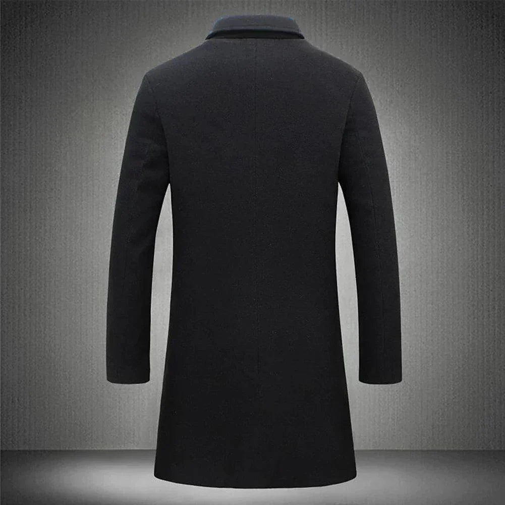 Longline Overcoat with Notch Lapels and Single Breasted Front for Men