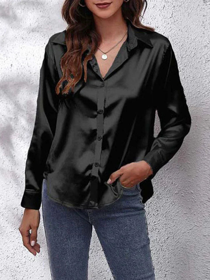 Blouse satinée femme à manches longues coupe décontractée avec boutons