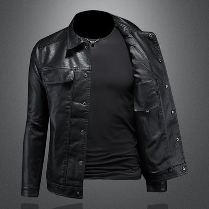 Classic Trucker Jacket with Flap Chest Pockets and Glossy Look for Men