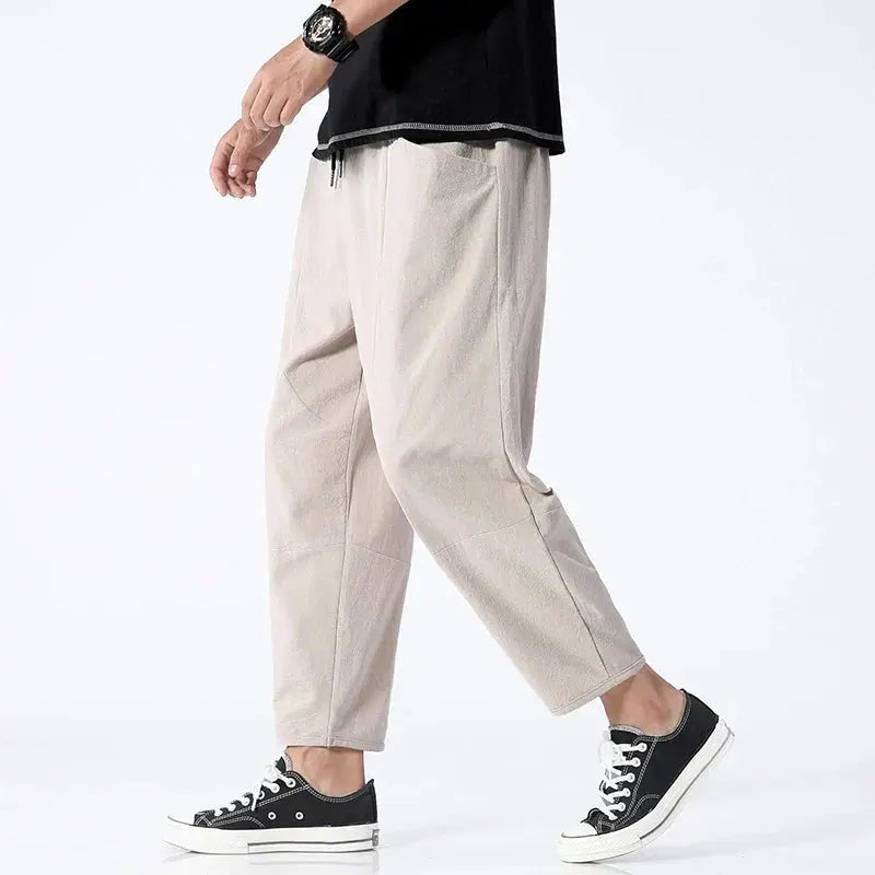 Cropped Tapered Pants with Elastic Waist and Relaxed Fit for Men