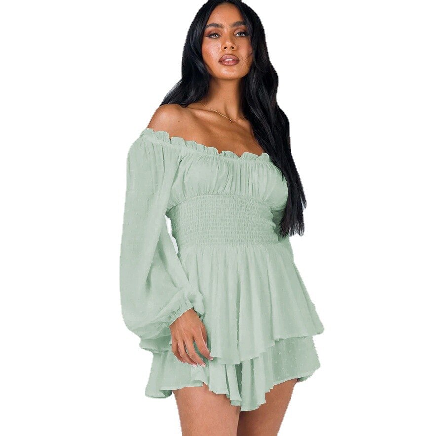 Ruffled dress with off-shoulder neckline, elegant and feminine