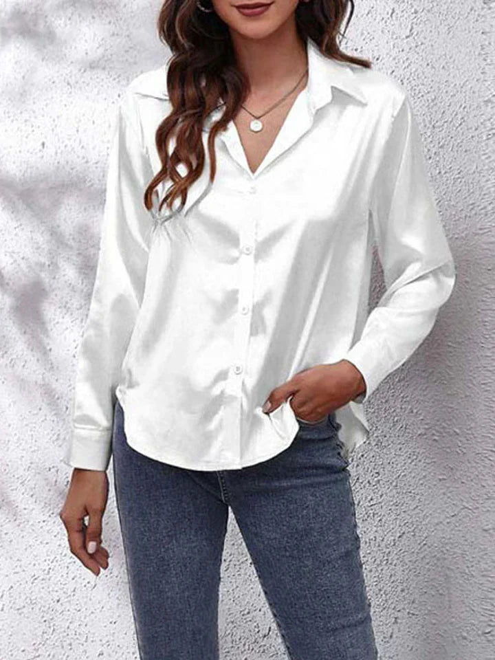 Blouse satinée femme à manches longues coupe décontractée avec boutons