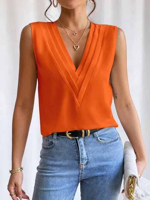 Blouse sans manches au col en V plissé pour femme