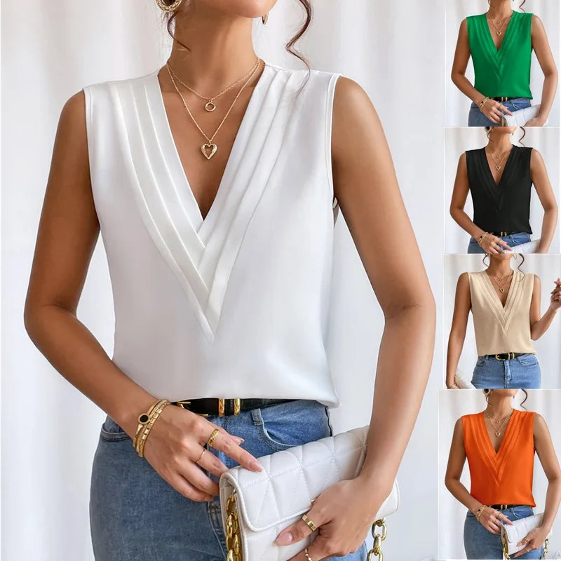 Blouse sans manches au col en V plissé pour femme