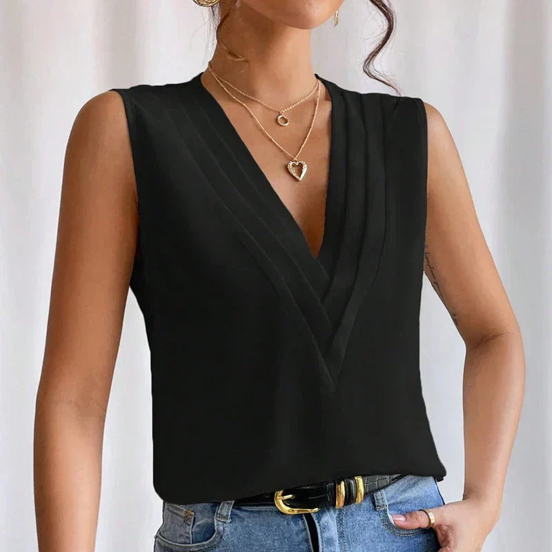 Blouse sans manches au col en V plissé pour femme