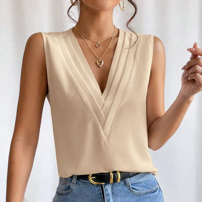 Blouse sans manches au col en V plissé pour femme