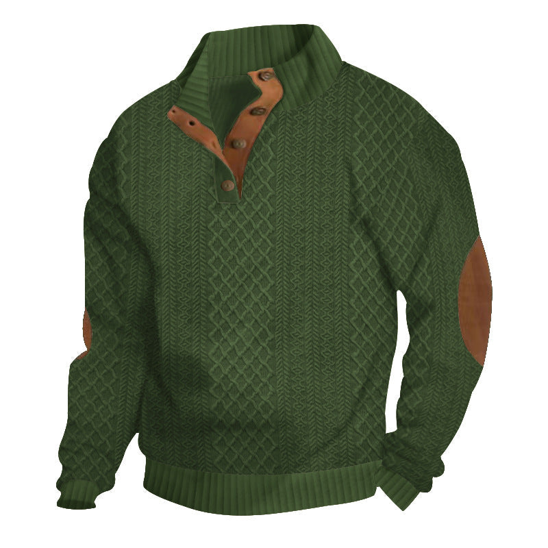 Half Button Pullover with Stand Collar and Elbow Patches for Men