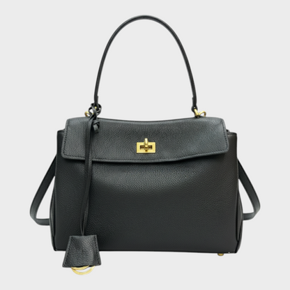 Structured Top Handle Bag with Turn Lock Flap and Long Strap for Women