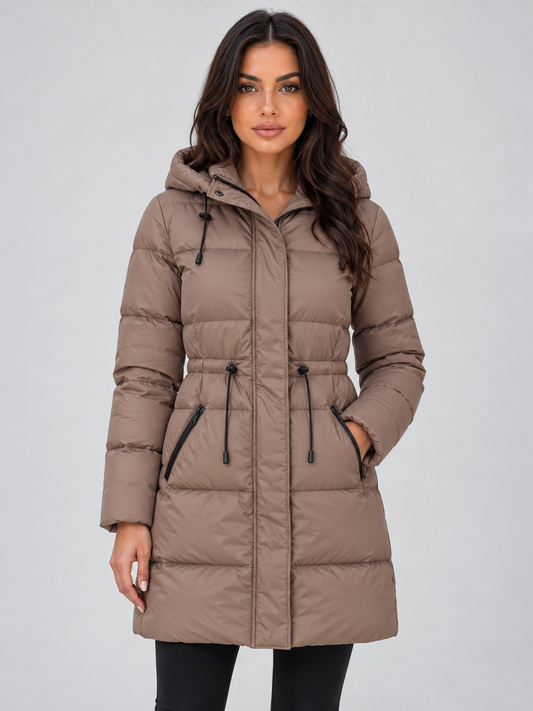 Quilted Puffer Coat with Drawstring Waist and Attached Hood for Women
