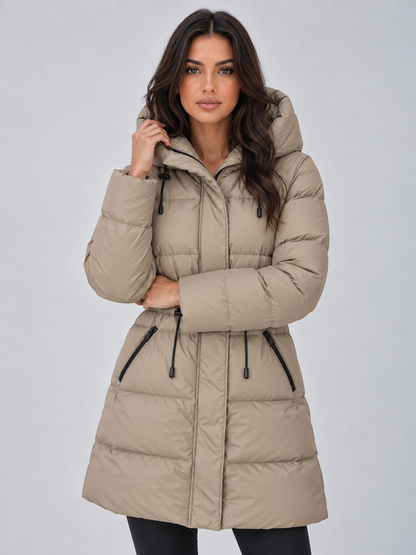 Quilted Puffer Coat with Drawstring Waist and Attached Hood for Women