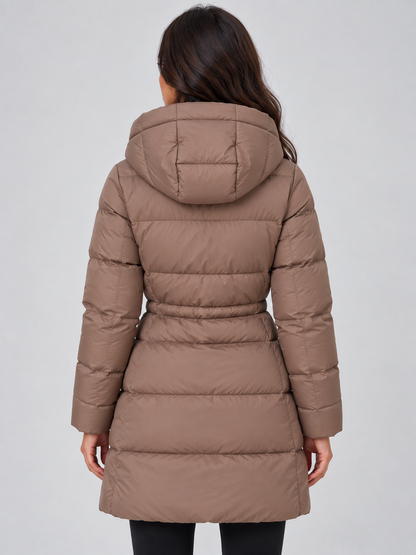 Quilted Puffer Coat with Drawstring Waist and Attached Hood for Women