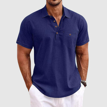 Short Sleeve Polo Shirt with Button Placket and Chest Pocket for Men