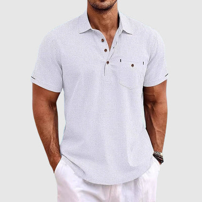 Short Sleeve Polo Shirt with Button Placket and Chest Pocket for Men