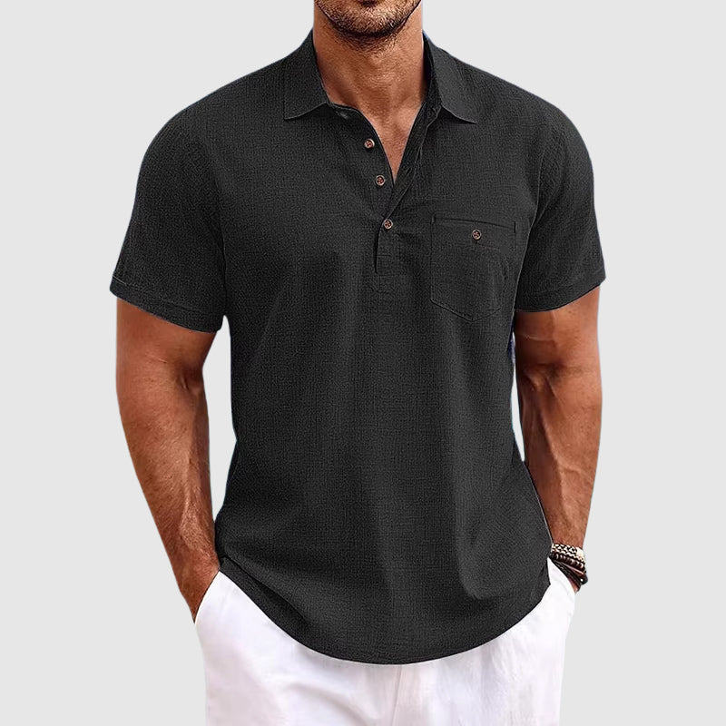 Short Sleeve Polo Shirt with Button Placket and Chest Pocket for Men