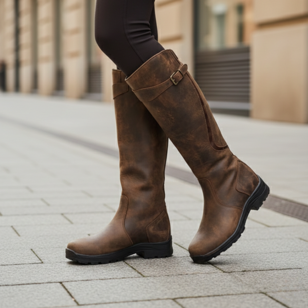 Waterproof Knee High Boots with Buckle Strap and Grip Sole for Women