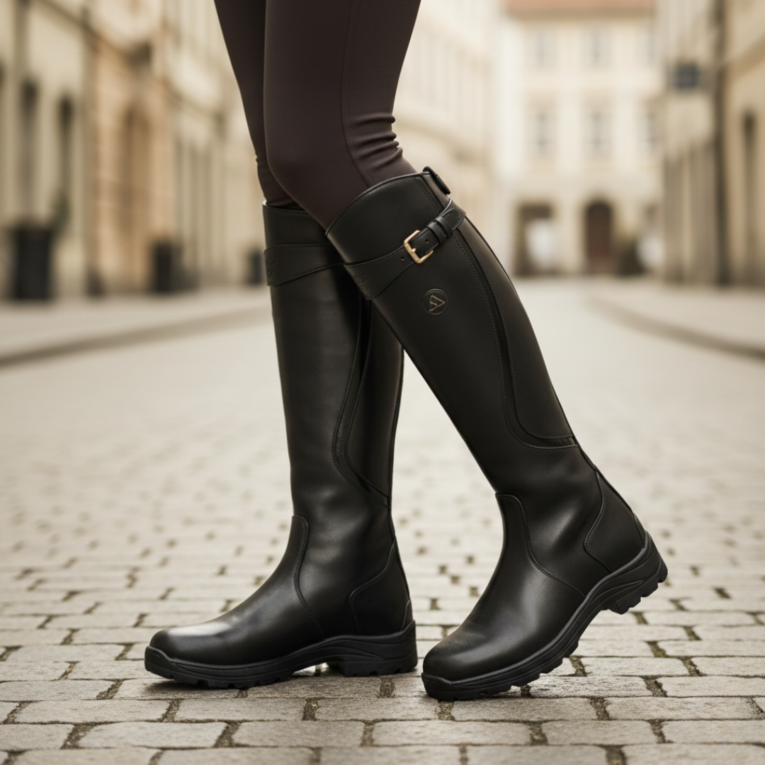 Waterproof Knee High Boots with Buckle Strap and Grip Sole for Women