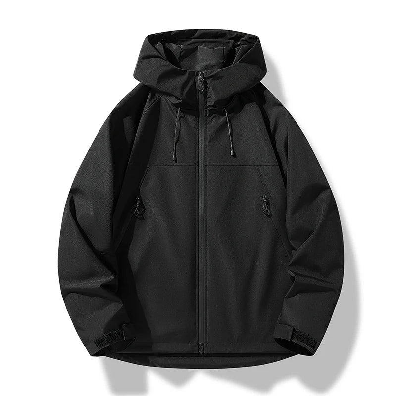 Waterproof Hooded Shell Jacket with Zip Pockets and Drawcord for Men