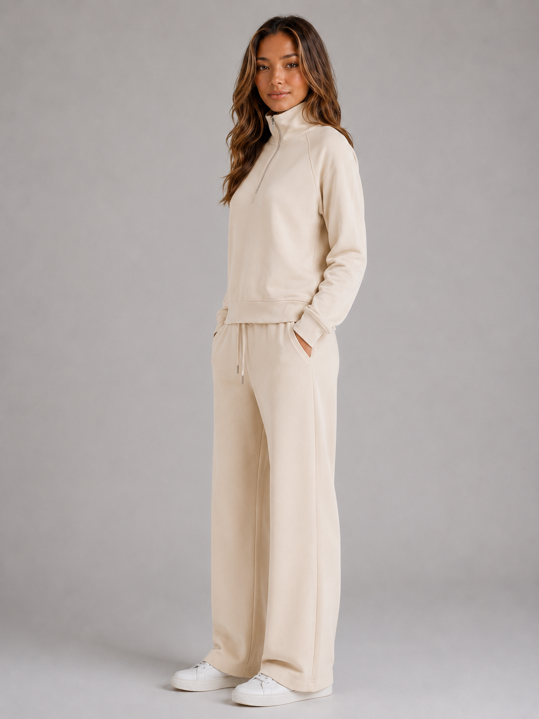 Half Zip Lounge Set with Sweatshirt and Wide Leg Pants for Women