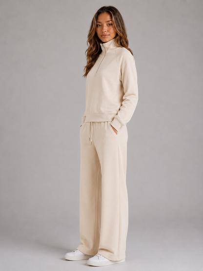 Half Zip Lounge Set with Sweatshirt and Wide Leg Pants for Women