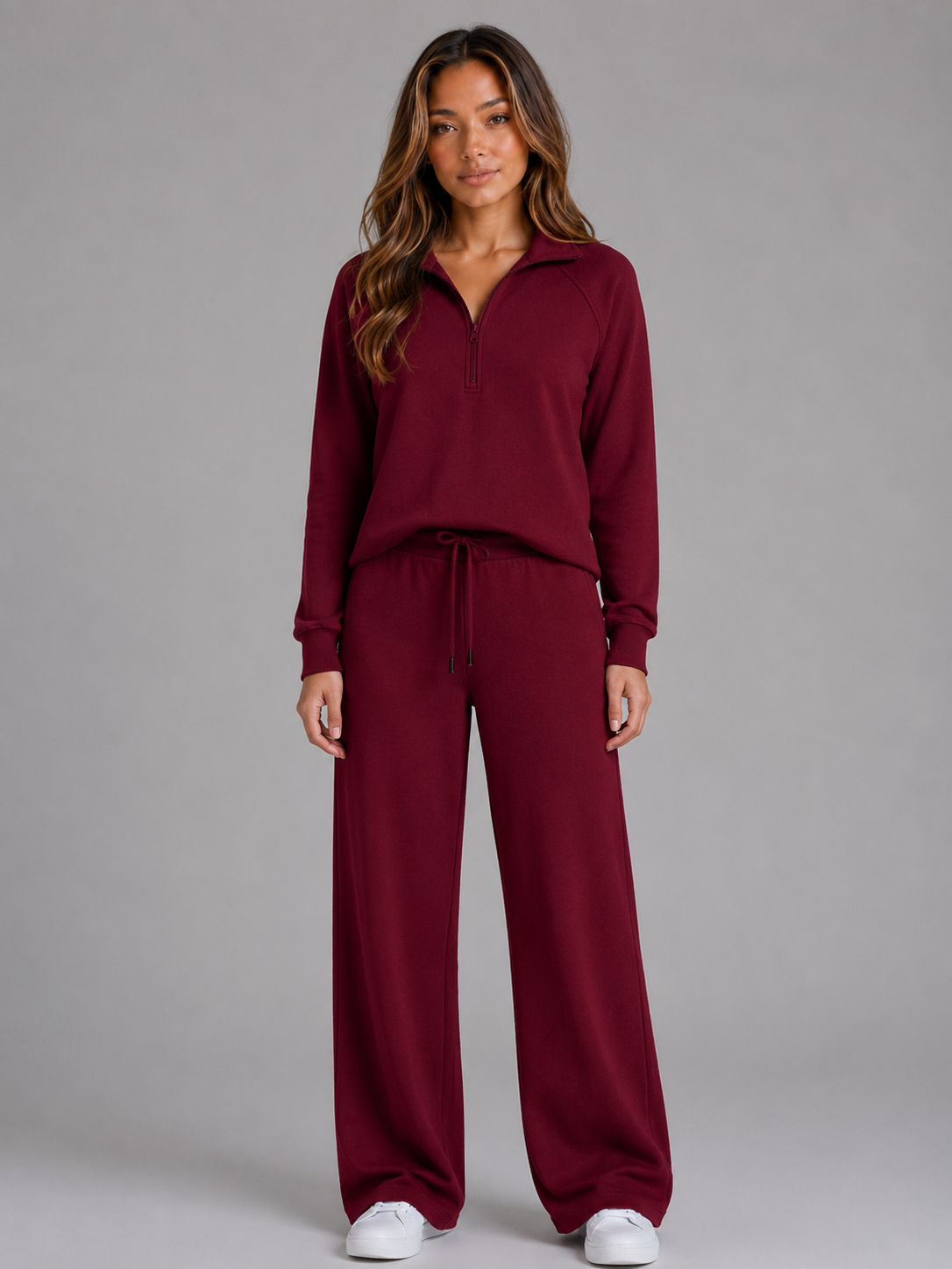 Half Zip Lounge Set with Sweatshirt and Wide Leg Pants for Women