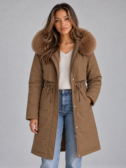 Long Parka Coat with Plush Trim Hood and Drawstring Waist for Women