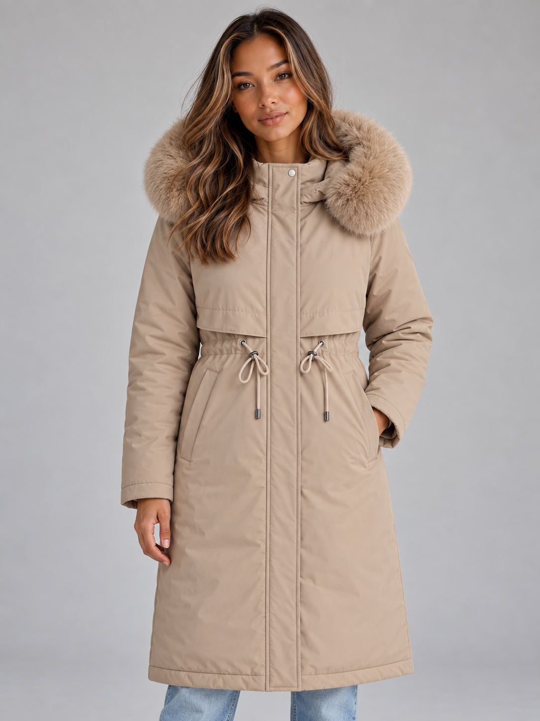 Long Parka Coat with Plush Trim Hood and Drawstring Waist for Women