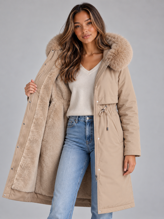 Long Parka Coat with Plush Trim Hood and Drawstring Waist for Women