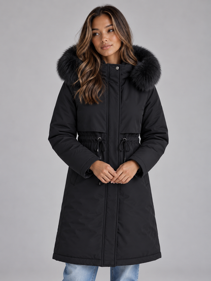Long Parka Coat with Plush Trim Hood and Drawstring Waist for Women