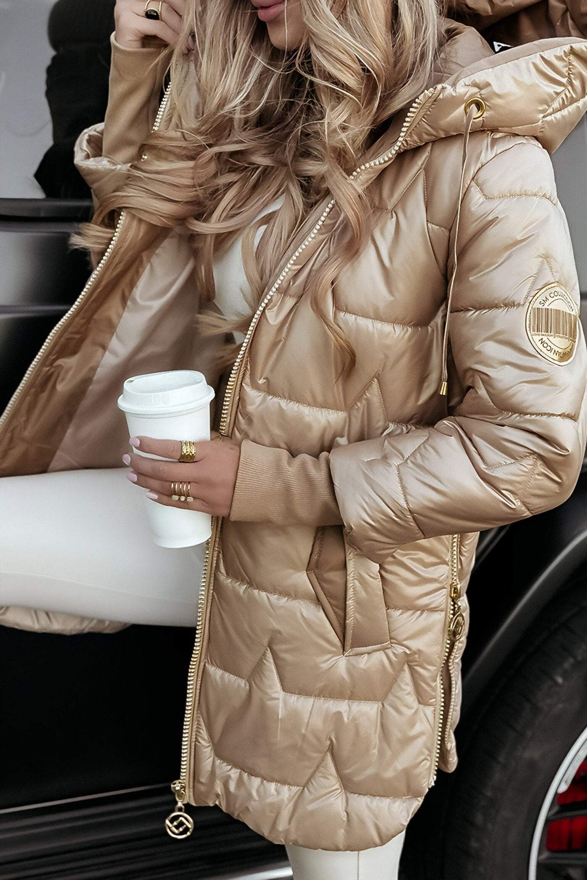 Puffer Coat with Hood and Pockets for Women