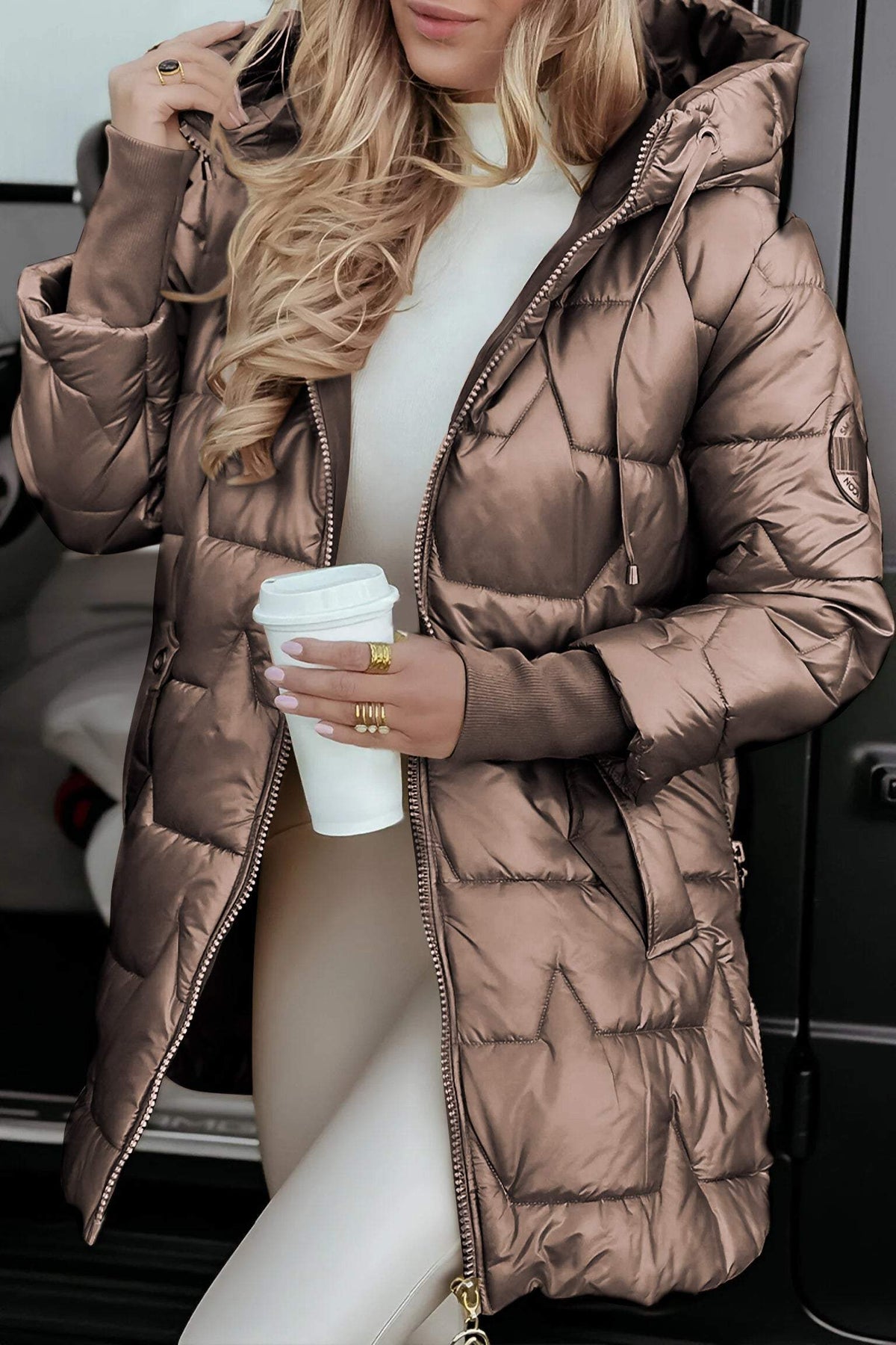 Puffer Coat with Hood and Pockets for Women