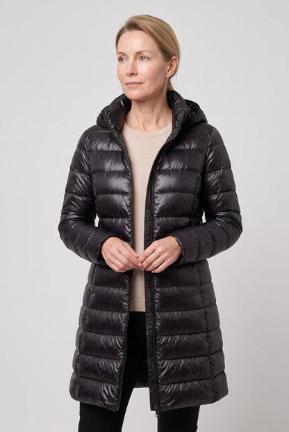 Long Hooded Puffer Coat with Insulated Lining for women