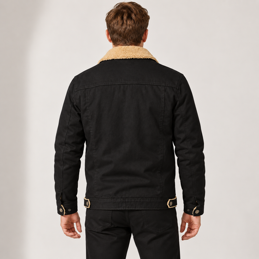 Plush Lined Trucker Jacket with Chest Pockets and Button Front for Men