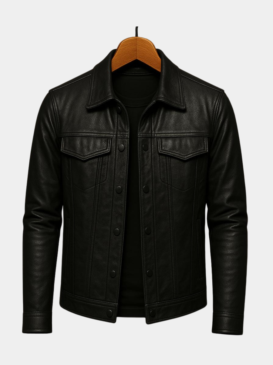 Classic Trucker Jacket with Flap Chest Pockets and Glossy Look for Men