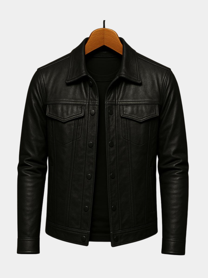 Classic Trucker Jacket with Flap Chest Pockets and Glossy Look for Men