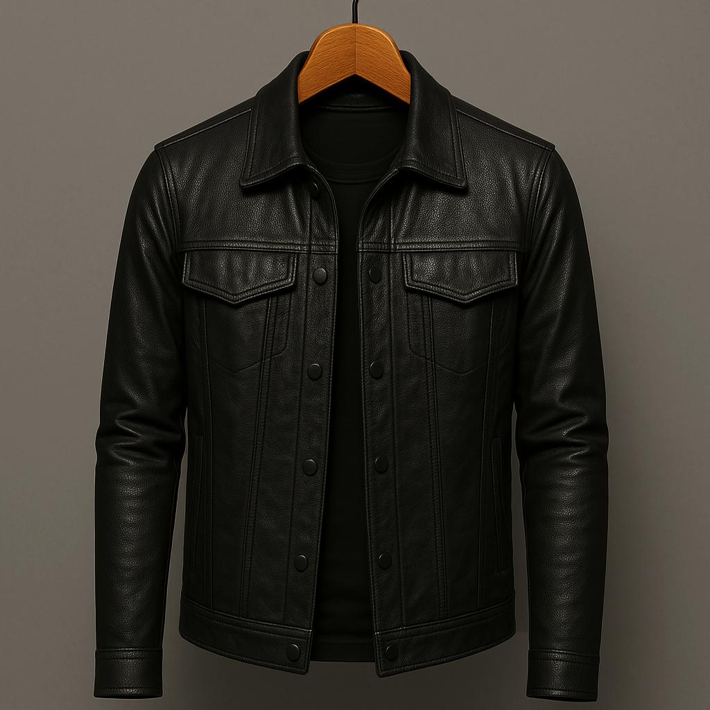 Classic Trucker Jacket with Flap Chest Pockets and Glossy Look for Men