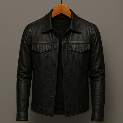 Classic Trucker Jacket with Flap Chest Pockets and Glossy Look for Men