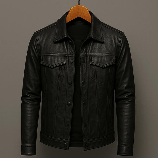 Classic Trucker Jacket with Flap Chest Pockets and Glossy Look for Men