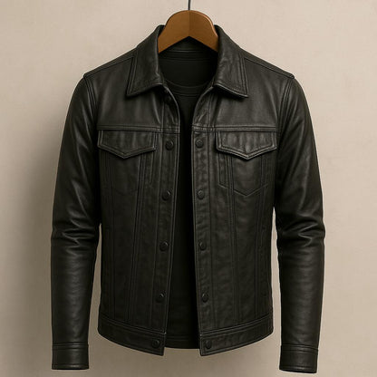 Classic Trucker Jacket with Flap Chest Pockets and Glossy Look for Men
