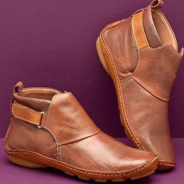 Pull On Ankle Boots with Side Strap and Stitched Rubber Sole for Women
