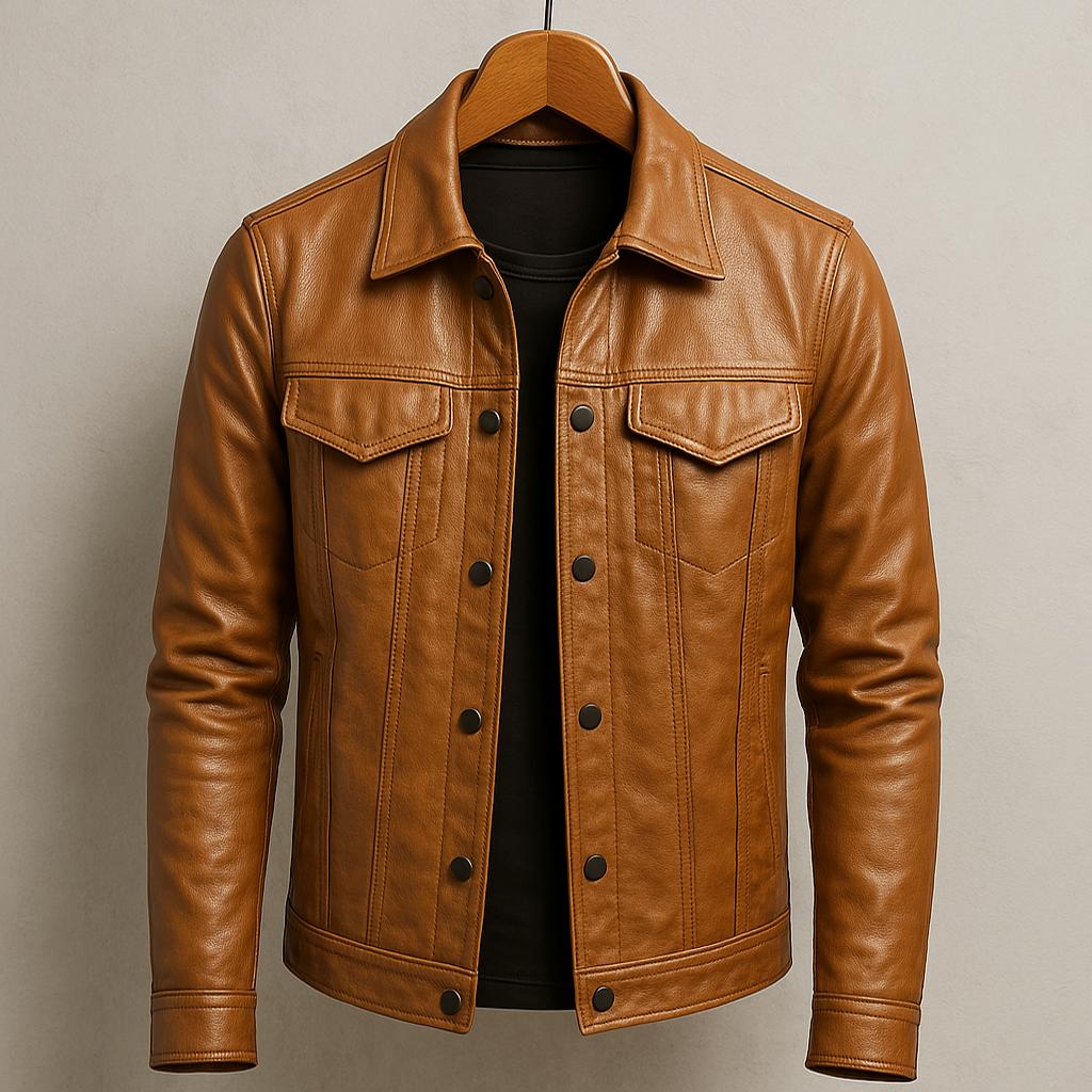Classic Trucker Jacket with Flap Chest Pockets and Glossy Look for Men