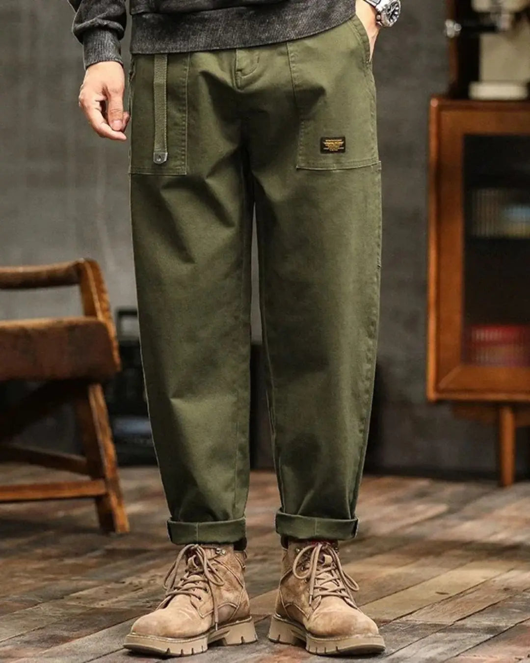 Relaxed Fit Cargo Pants with Flap Pockets and Drawstring Waist for Men