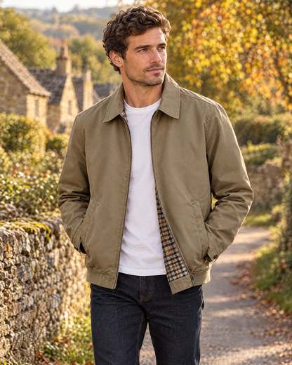 Classic Zip Front Harrington Jacket with Check Lining for Men