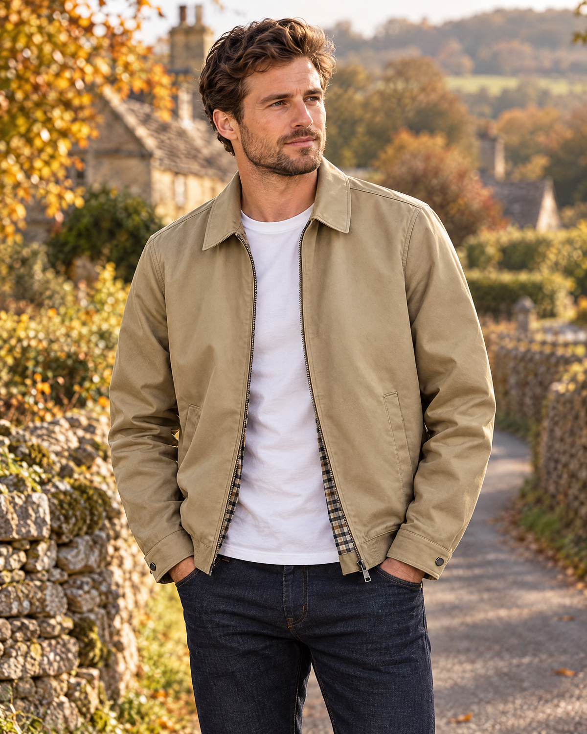 Classic Zip Front Harrington Jacket with Check Lining for Men